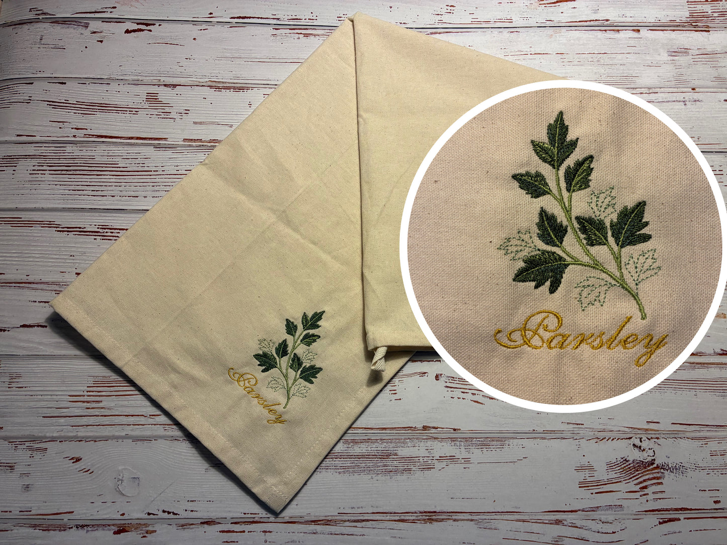 Geschirrtuch bestickt mit Kräutern